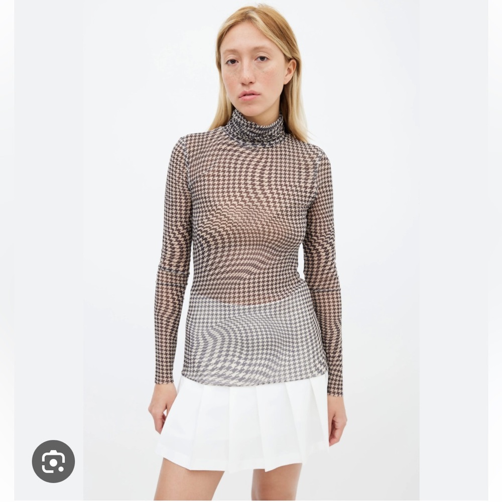New GANNI Black & Cream Houndstooth Pattern Long Sleeve Turtleneck - Size 34